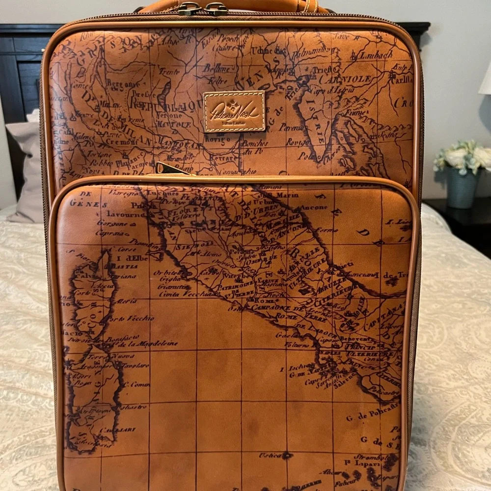 Patricia Nash Vintage Map Print Tan Leather Carryon Vertical Suitcase - Picture 1 of 15